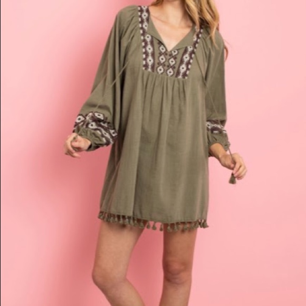 Olive Color, Embroidered Mini Dress/Tunic